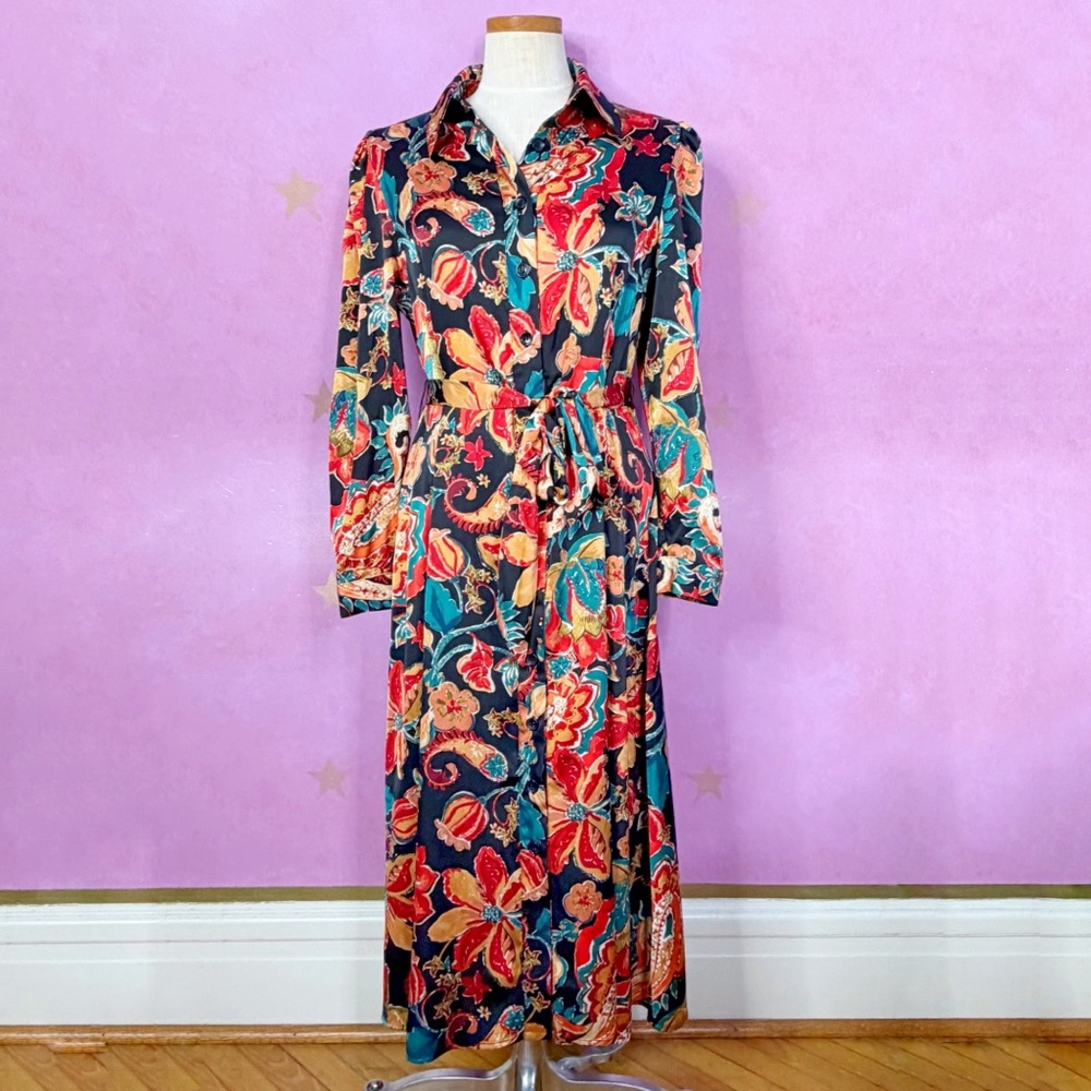 Nicole Miller Long Sleeve Satin Floral Maxi Dress Multicolor Women’s Size 10